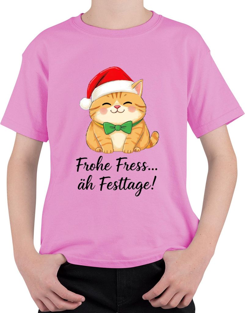 Frohe Fress äh Festtage Katzenliebhaber Katze Weihnachten lustig Uni Kinder T-Shirt, Pink, 128
