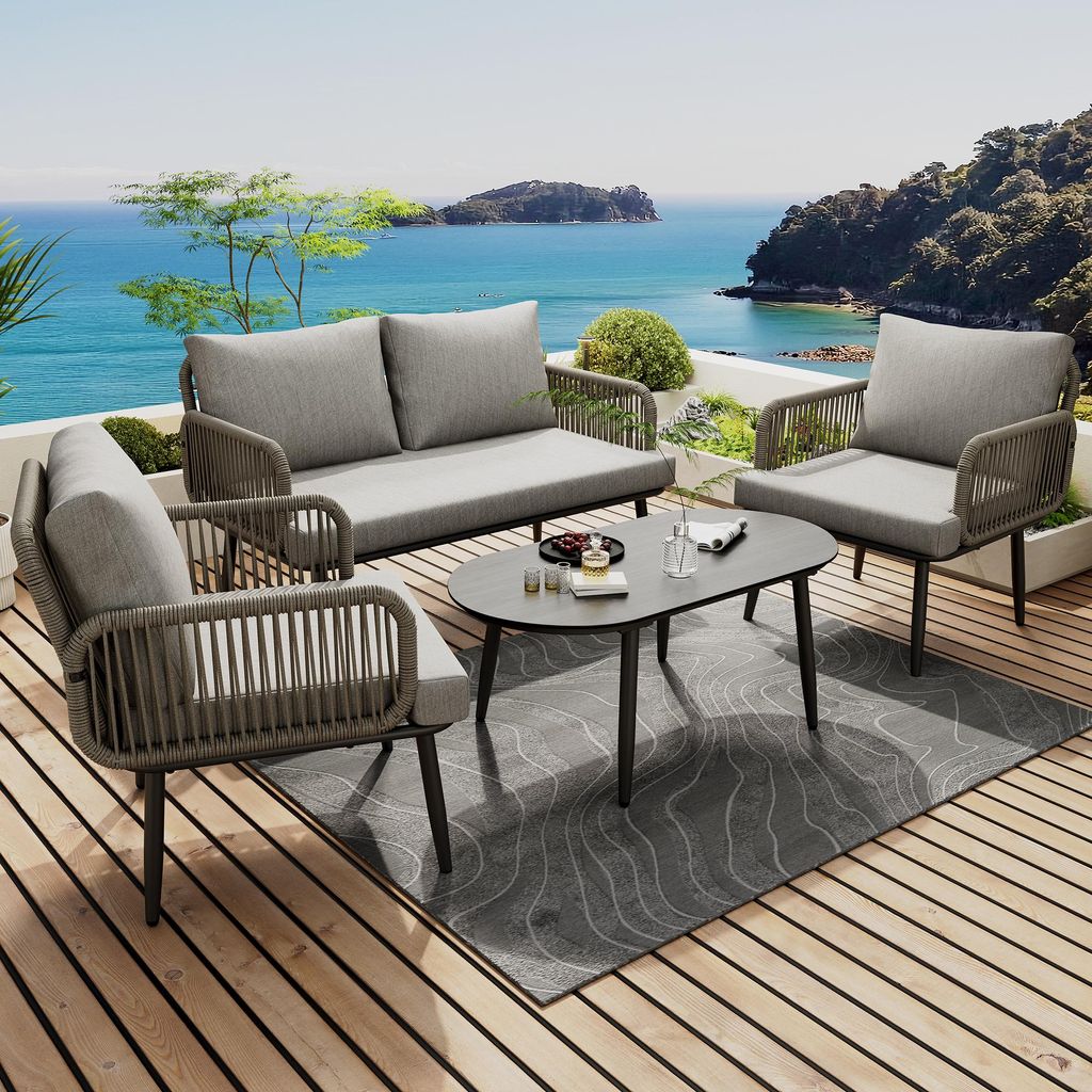 Garten-Loungestuhl-Set, Gartenmöbel-Set mit bequemen Kissen, 2-Sitzer-Sofa, 2 Sessel und Couchtisch, handgeflochtenes Seil, Glasplatte in Holzmase...