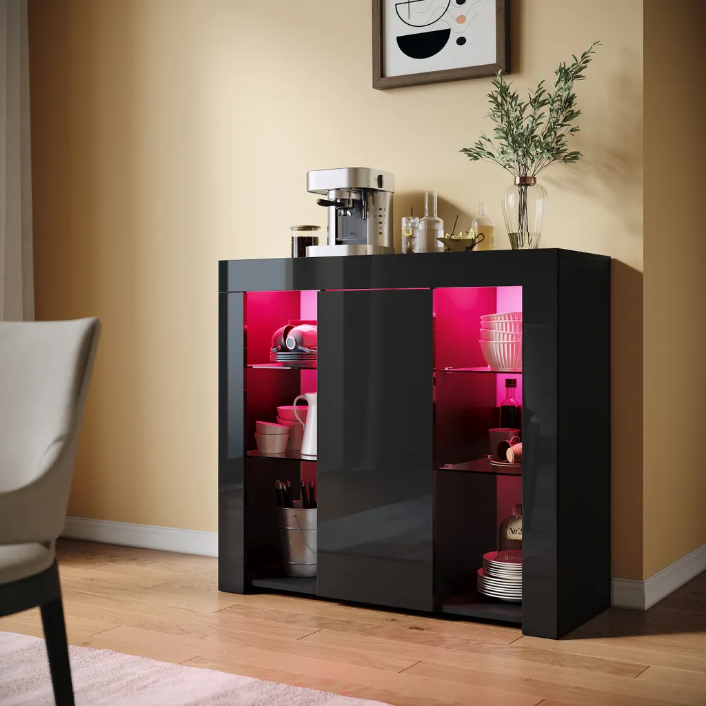Commode SONNI 90x35x83cm avec LED 12 Couleurs et Verre Trempé Noir