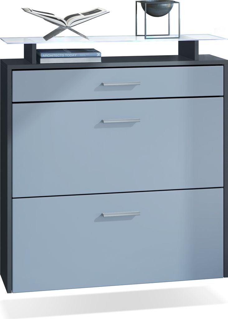 Vladon Schuhschrank Malea, Anthrazit matt/Denim matt inkl. LED - hängender Schuhkipper für 16 Paar Schuhe (89 x 96 x 23 cm)