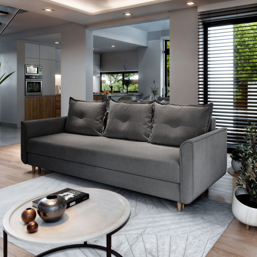 Sofa NAPOL Grau Plüsch-Stoff mit Schlaffunktion, Sofa mit Bettkasten, Sofa mit Bettkasten, Wohnzimmersofa, Couch, Soffa, Bettsofa, Couchgarnitur- ...