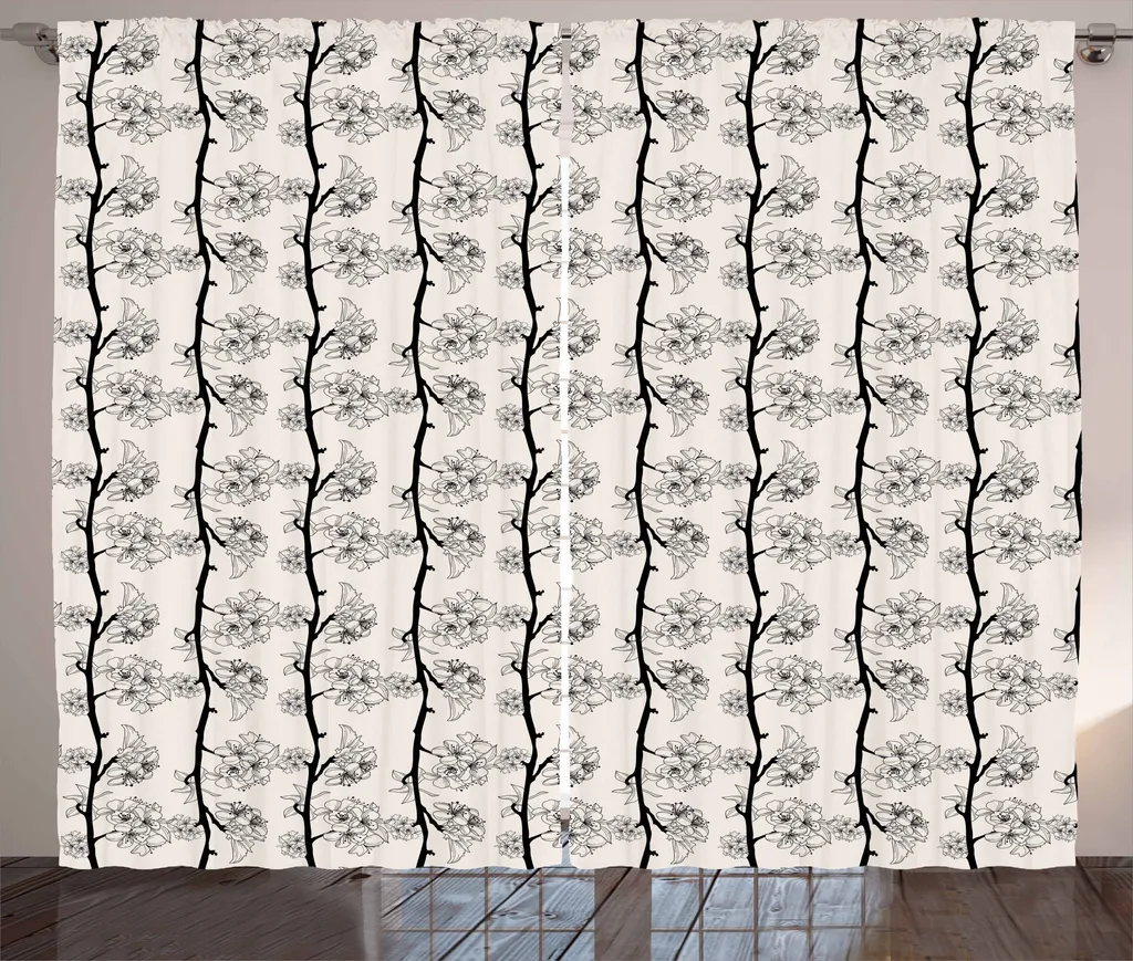 Tenda Lavabile ABAKUHAUS 280x175 cm Fiori di Ciliegio Nero Beige