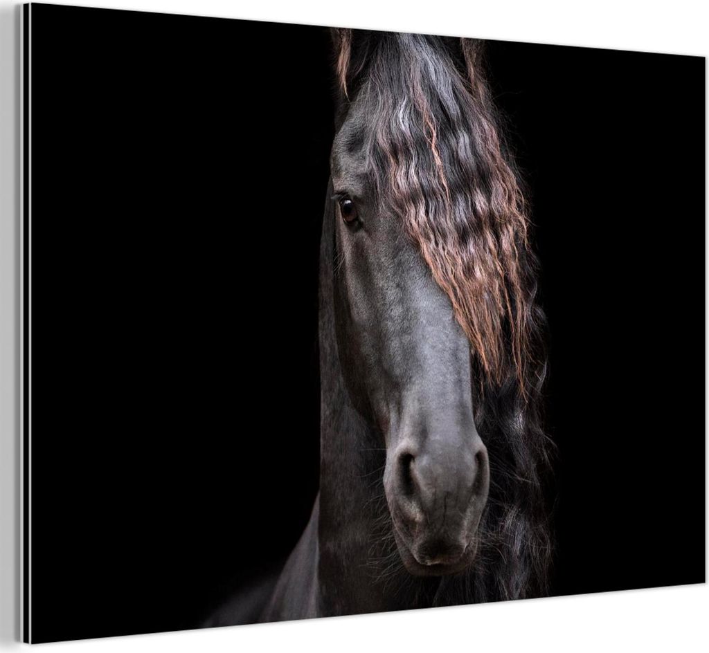 MuchoWow Wanddekoration Metall Metallbild Wandkunst 120x80 cm Pferde - Friesisch - Mähne - Schwarz - Tiere MuchoWow Aluminium Gemälde - Alu Bild