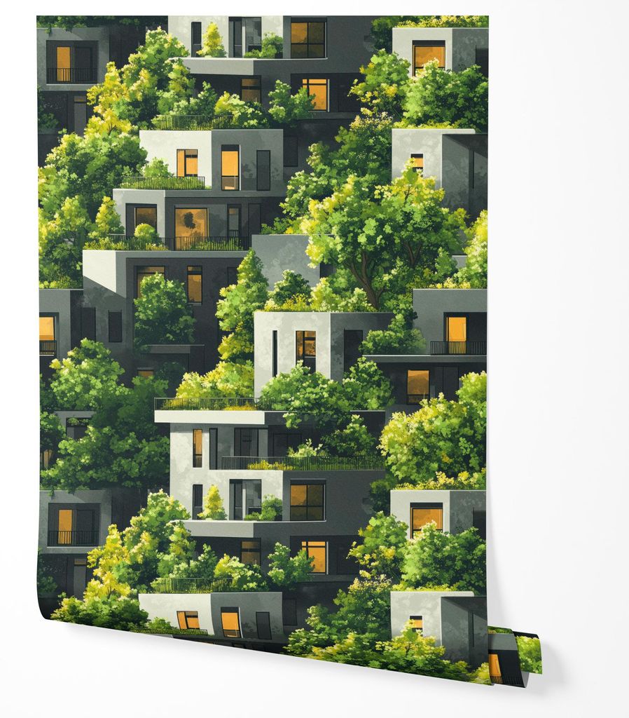 Vliestapete Häuser Architektur Urban Pflanzen Wohnzimmer 4x2,5 Grün