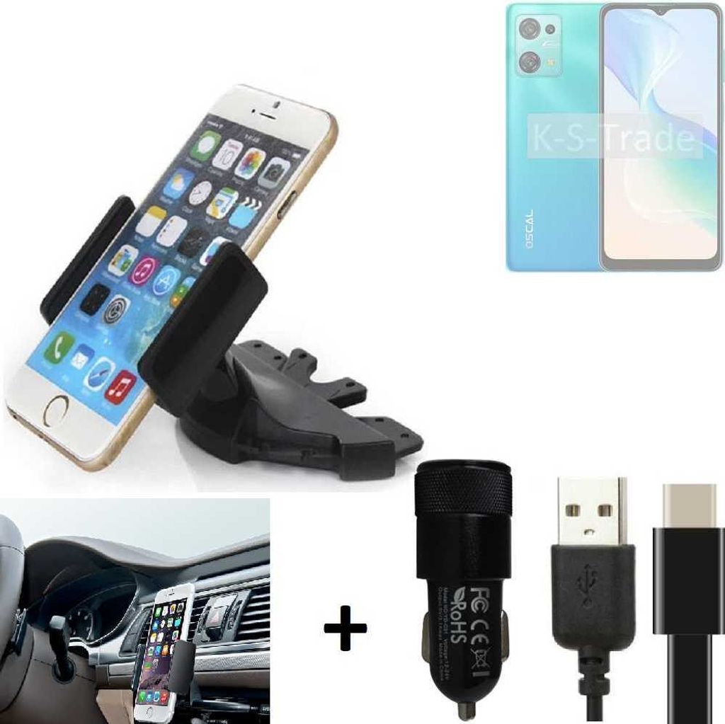K-S-Trade CD Schlitz Handy-Halterung kompatibel mit Blackview Oscal C30 Pro Autohalterung KFZ-Halter Radio Handy Halterung 360° drehbar CD-Schacht