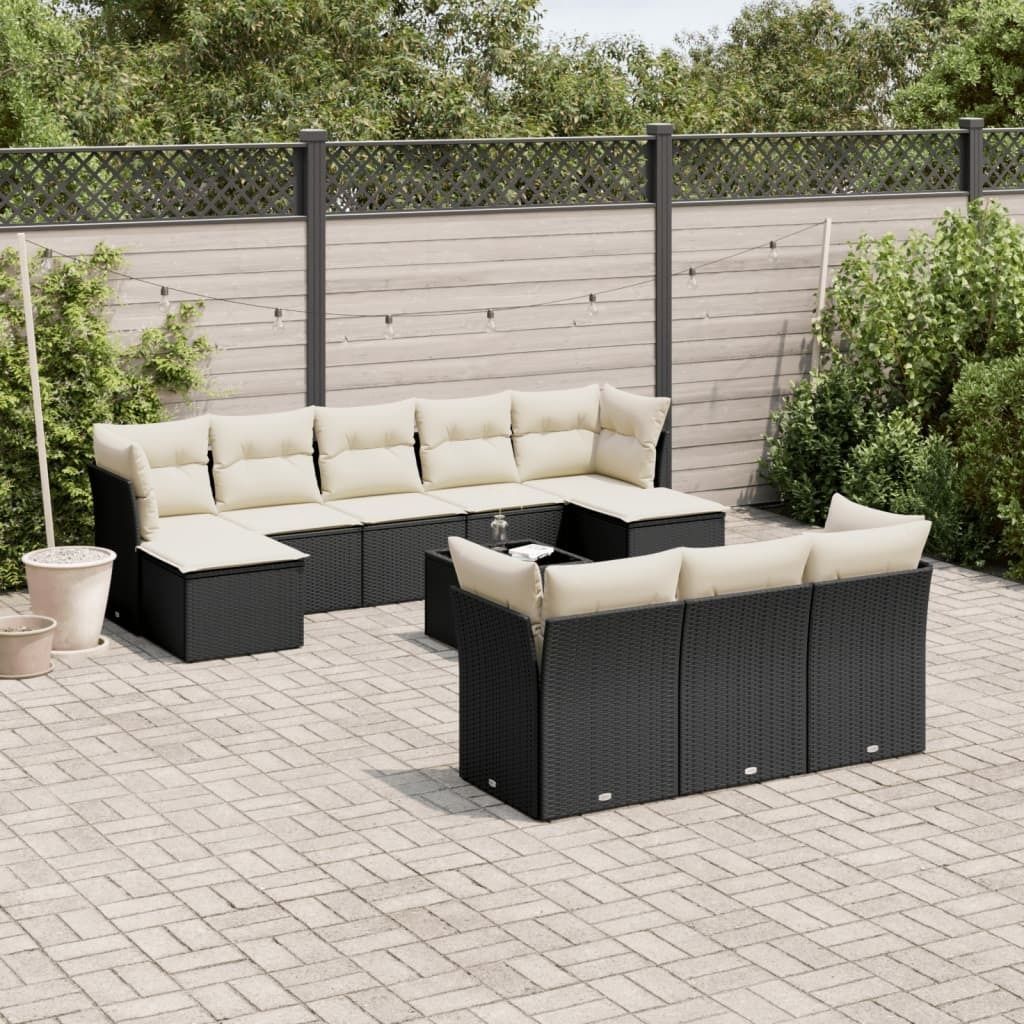 The Living Store 11-tlg. Garten-Sofagarnitur mit Kissen Schwarz Poly Rattan