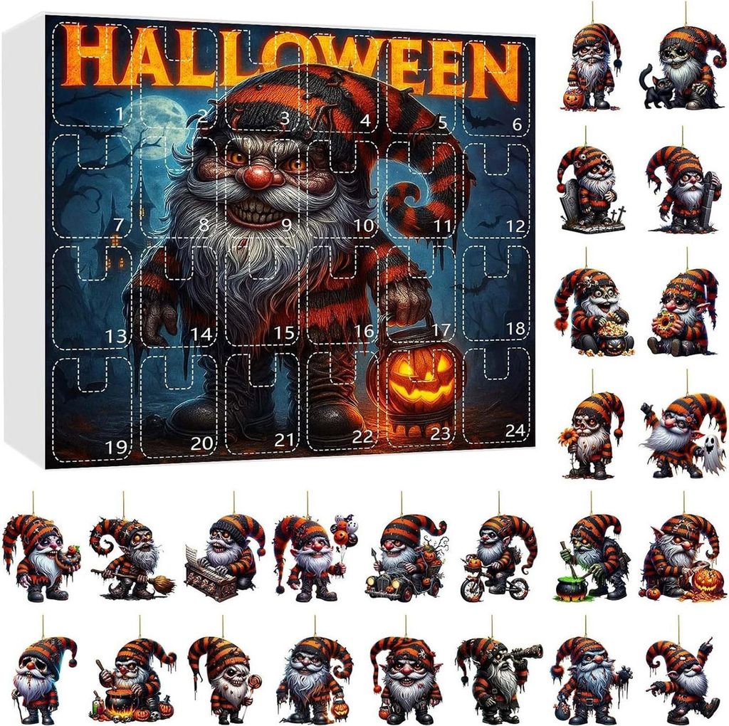 Halloween-Gnom-Adventskalender, 24 Tage Countdown-Kalender, 2D-Acryl-Kürbis-Gnom-Hängeornamente für Halloween-Heimdekoration