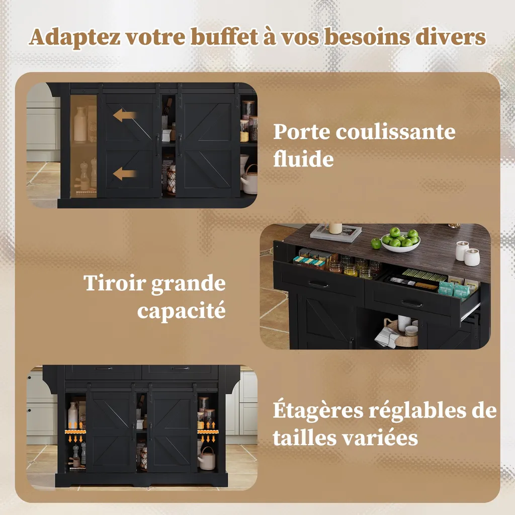 Desserte de Cuisine Mobile Noire, Buffet avec Plan de Travail Extensible