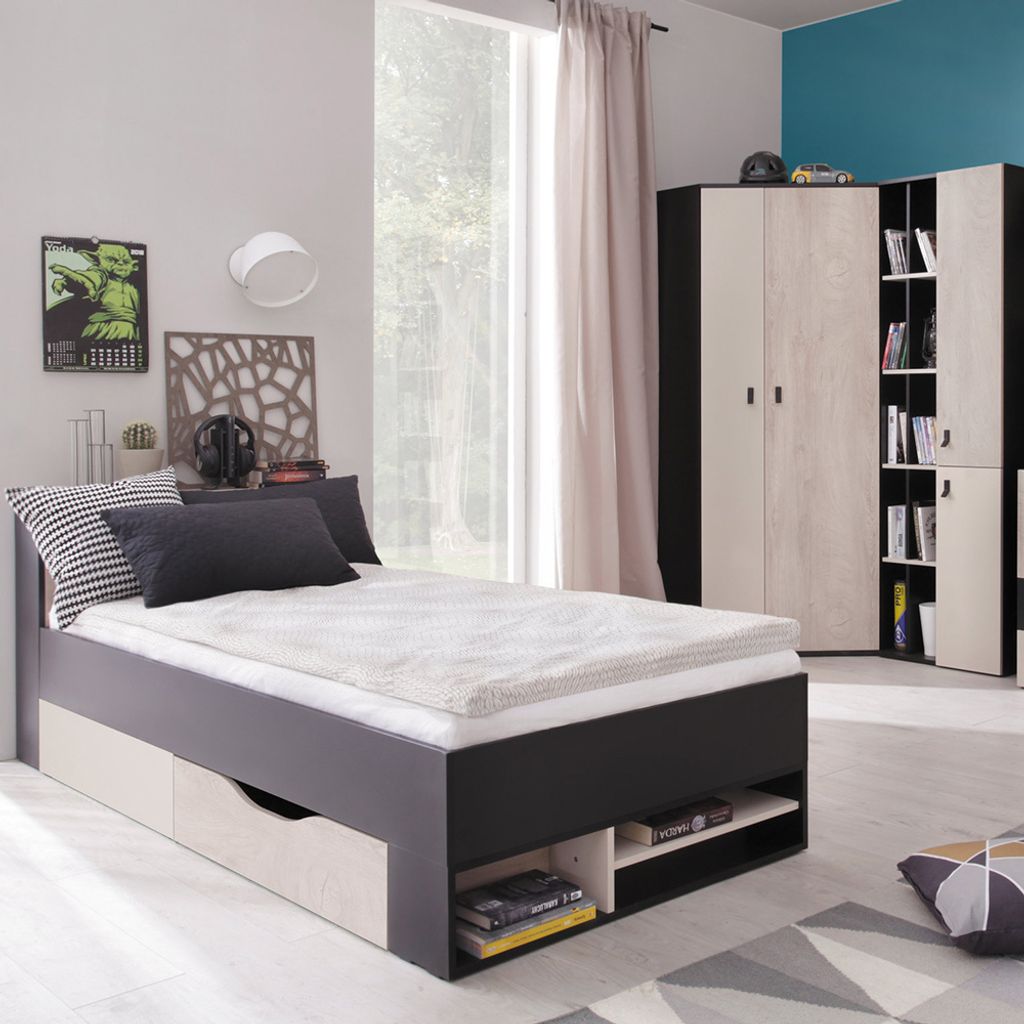Jugendzimmer Set 3-teilig PITTSBURGH-133 mit Jugendbett 90x200 in schwarz mit Eiche und beige