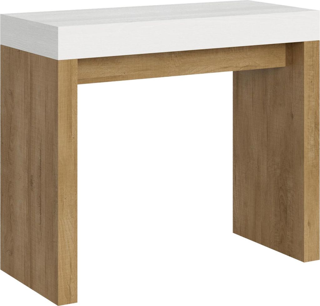 ITAMOBY - Ausziehbarer Konsolentisch 90x40/196 cm Roxell Mix Small Hauptplatte Esche weiß - Konsolenbeine Eiche Natur