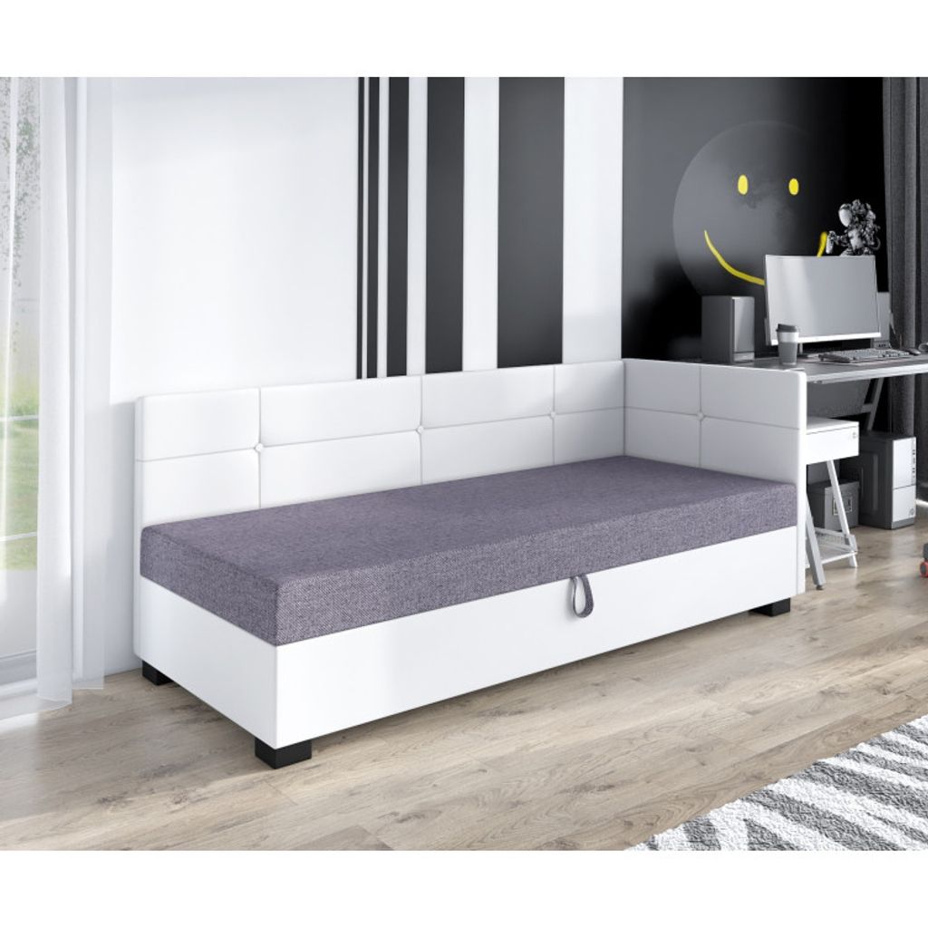 Einzelbett 100x195 LEJLA PLUS 2 mit Stauraum - weiß / grau / weiß