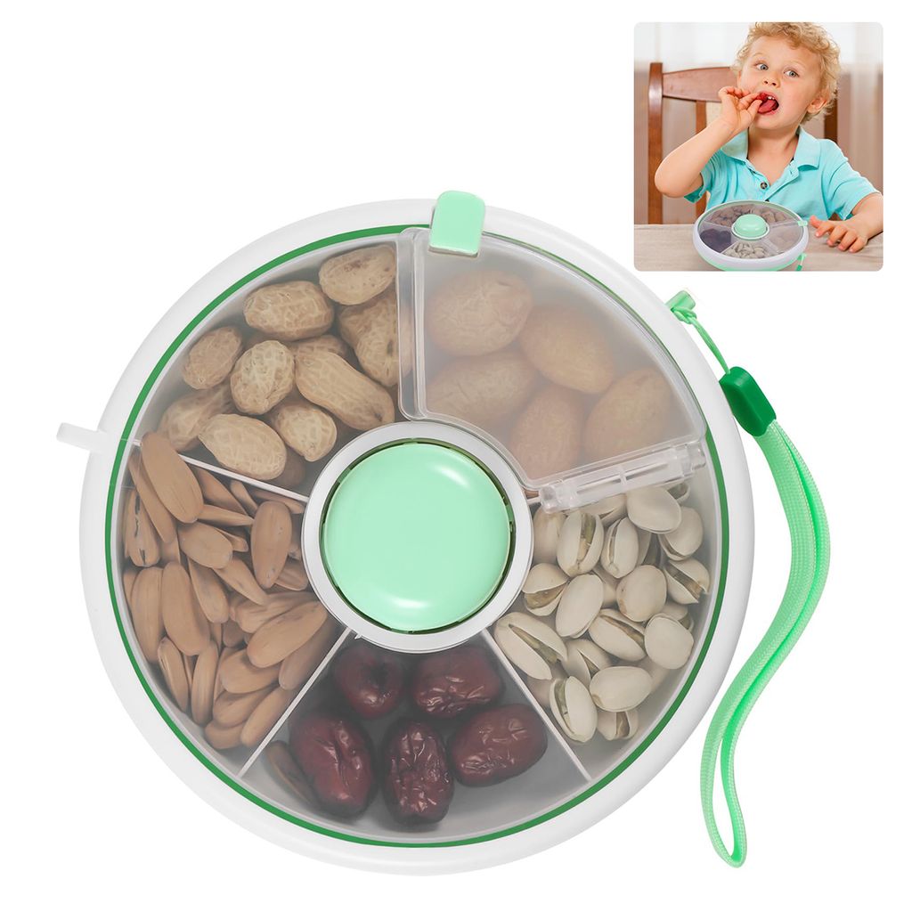 Trockenobst-Aufbewahrungsbox, Kinder-Snackbox, versiegelt mit Deckel, fünf Fächer zur Klassifizierung, leicht zu tragen, grün
