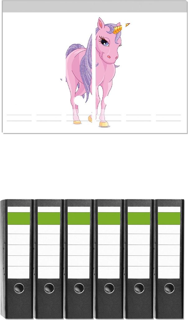 Wallario 6 Stück breite Ordner inkl. Klebeetiketten mit Motive Einhorn in rosa mit Schweif in lila II - Set mit Rückenschildern / Ordnerrücken ...