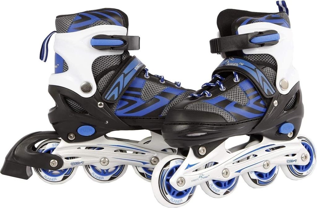 A pair of inline skates on a white background.