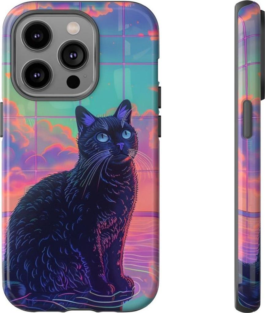 Schwarze Katze mit Neon-Akzenten und farbenfrohem Himmelsreflex – Hülle Kompatibel mit iPhone 14 Pro