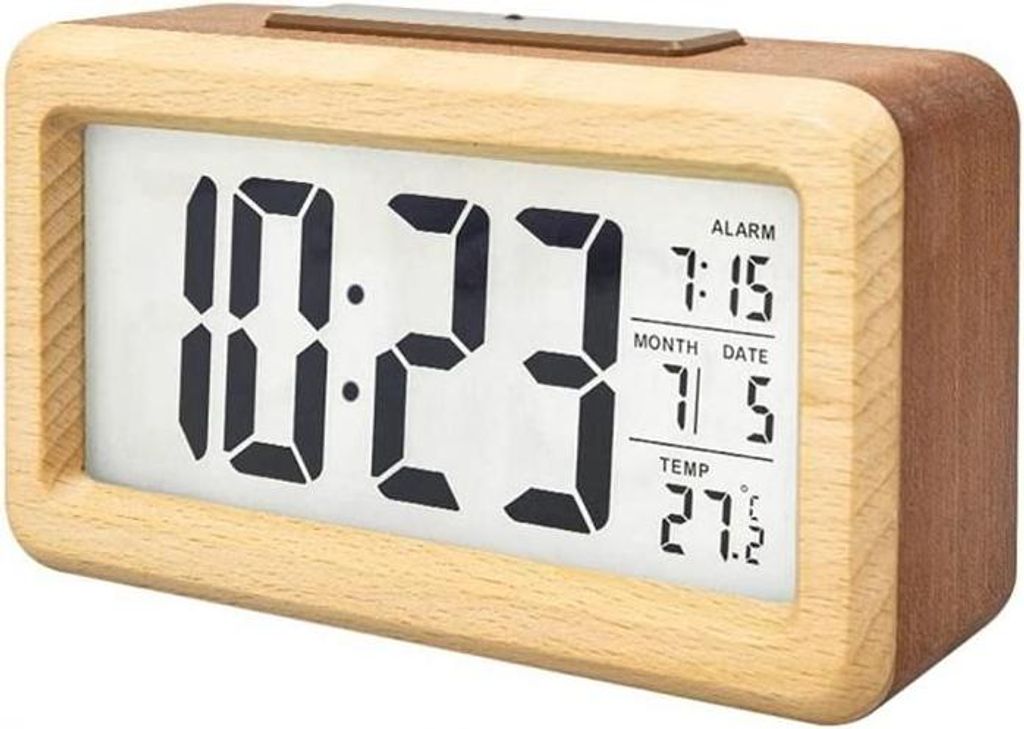 Batteriebetriebener digitaler Wecker aus Holz mit LED-Anzeige, intelligentem Sensor-Nachtlicht mit Schlummerfunktion, Datums- und Temperaturanzeige...