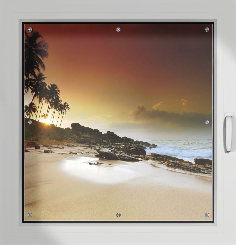 Wallario Lichtschutzbild, Dekorativer Sichtschutz Sonnenschutz 96 x 100 cm mit Motiv: Sri Lanka - Palmenstrand mit Sonnenuntergang - Verdunklung oh...