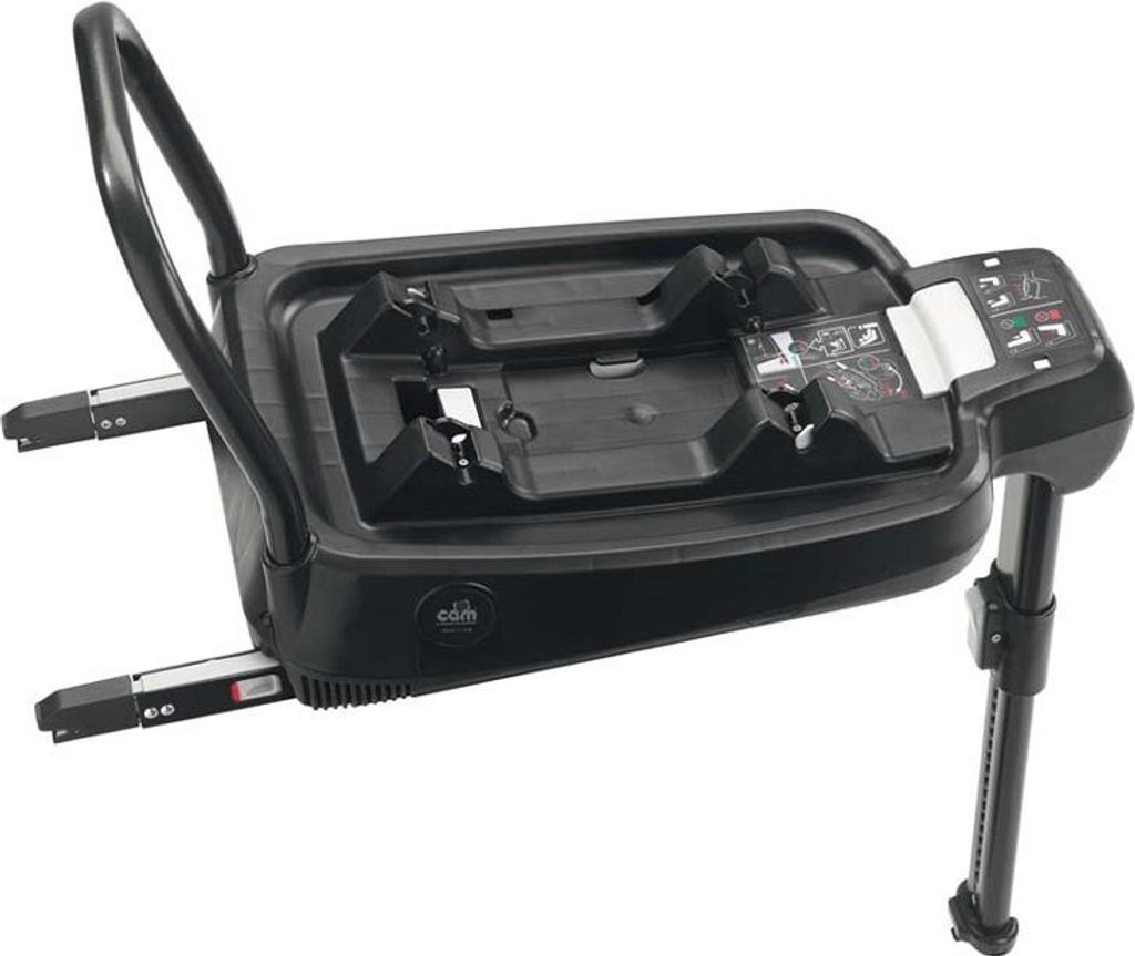 A black car seat base with a handle and adjustable leg.