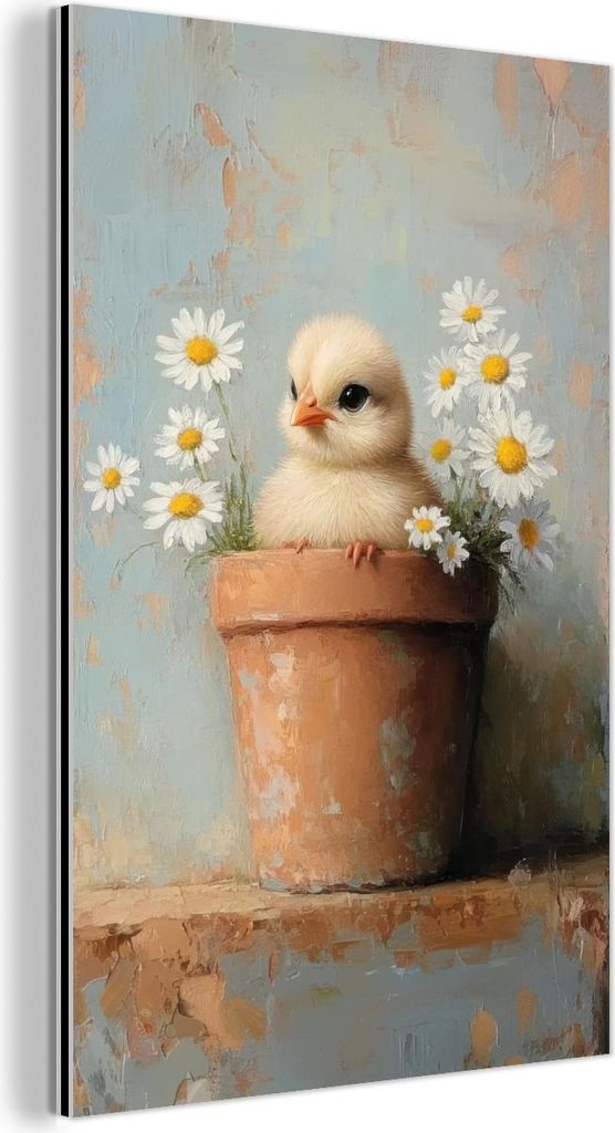 MuchoWow Wanddekoration Metall Metallbild Wandkunst 100x150 cm Blumentopf - Küken - Blumen MuchoWow Aluminium Gemälde - Bild