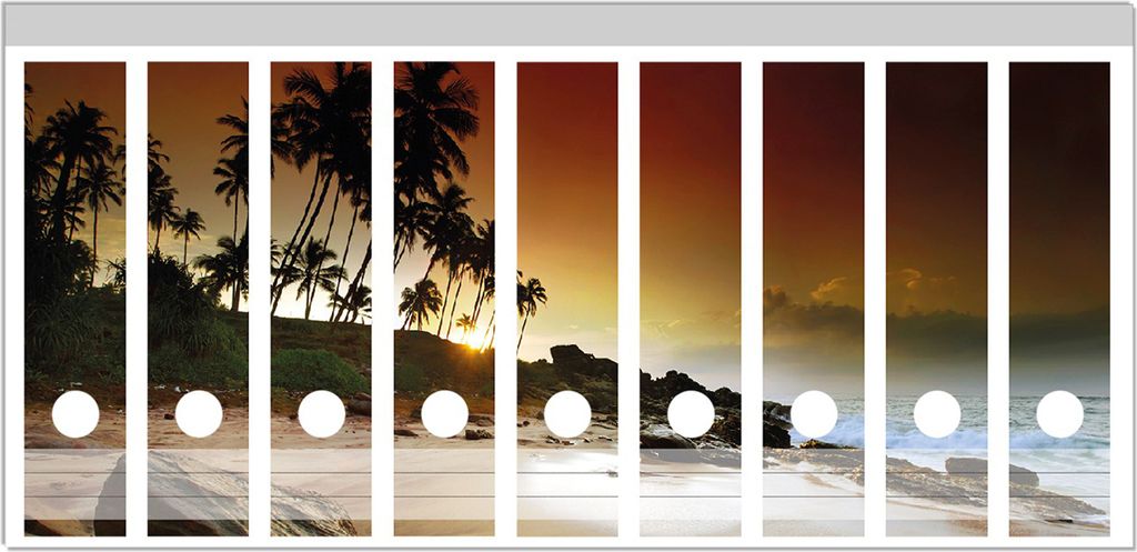 Wallario Ordnerrücken Sticker, selbstklebend für breite Ordner, 9 Stück, Motiv Sri Lanka - Palmenstrand mit Sonnenuntergang