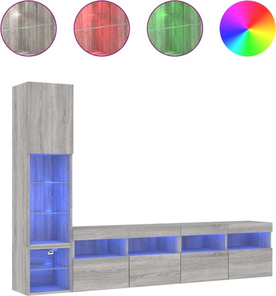 vidaXL 4-tlg. Wohnwand mit LED-Beleuchtung Grau Sonoma Holzwerkstoff