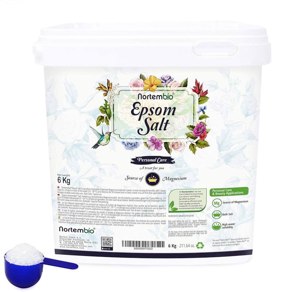 Nortembio Epsom Salz 100% Pur 6 kg – Konzentrierte Magnesiumquelle | Für Empfindliche Haut | Mit Vitamin C & E | Ohne Zusatzstoffe | Natürliche...