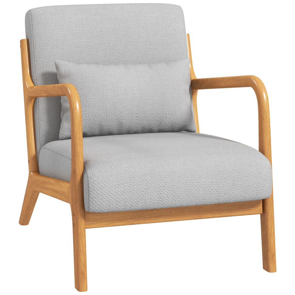 HOMCOM Wohnzimmersessel mit Massivholzgestell Loungesessel – tiefe Sitzfläche – Armlehnen – hellgrauer Samt-Look