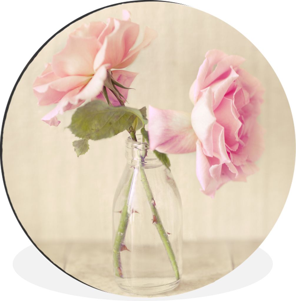 MuchoWow Aluminium Wandkreis Zwei rosa Rosen als Dekoration in einer Glasflasche Ø 60 cm Wanddeko Modern Wohnzimmer - Wand Kreis - Wandbild - Sc...