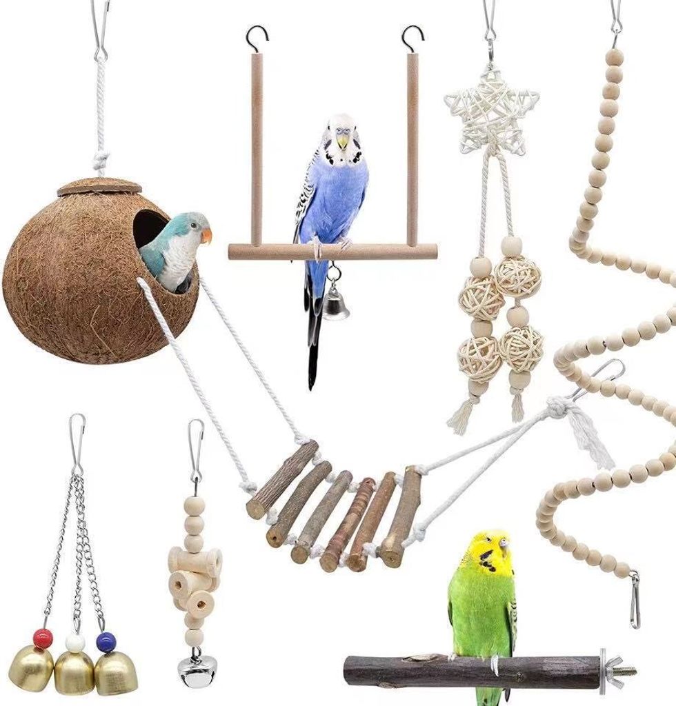Vogel- und Papageienspielzeug, 7-teiliges Set, natürlicher Kokosnuss-Vogelkäfig mit Leiter, Hängeschaukel, Kletterhängematte, Vogelzubehör-Kom...