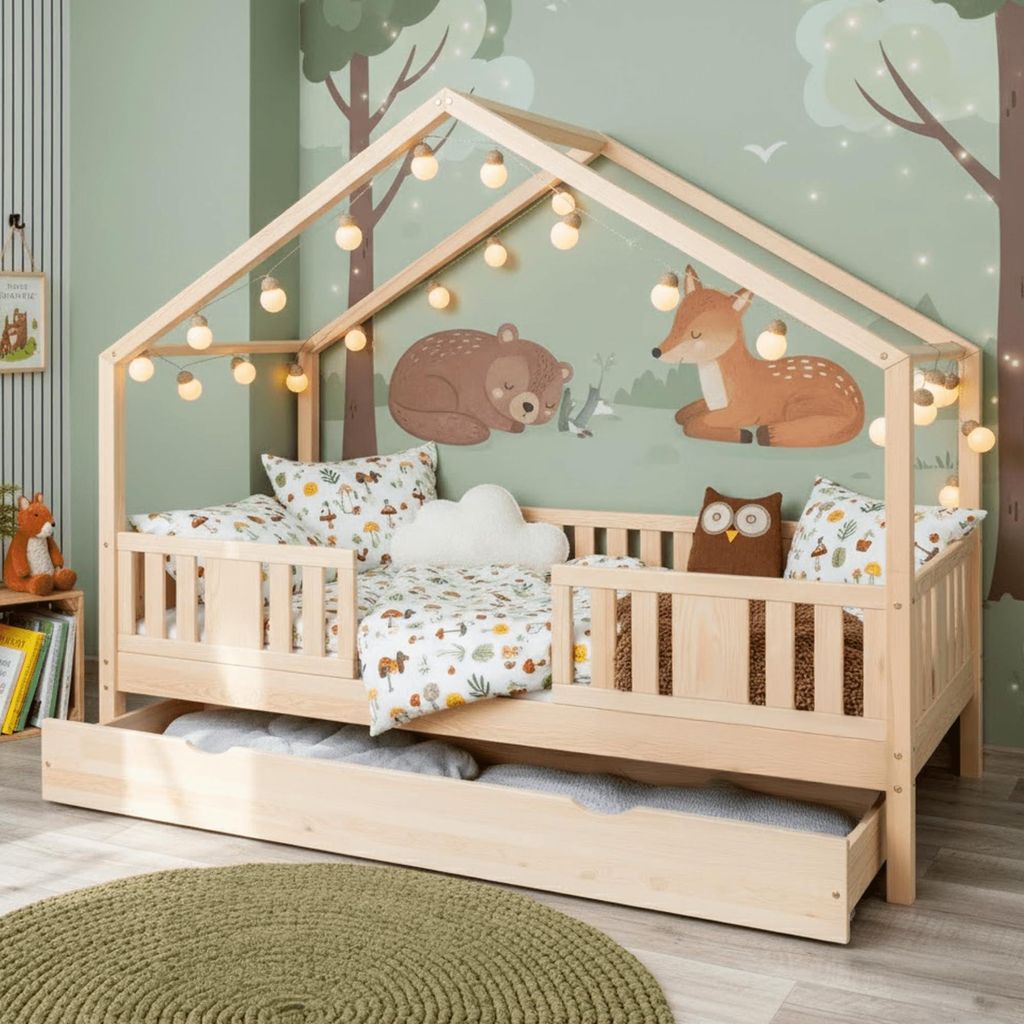 MEBLE WRÓBEL Kinderbett 90x200 cm – Bett mit Schublade Rausfallschutz & Lattenrost - Hausbett aus Kiefer Unlackiert - Kleinkindbett für Jungen ...