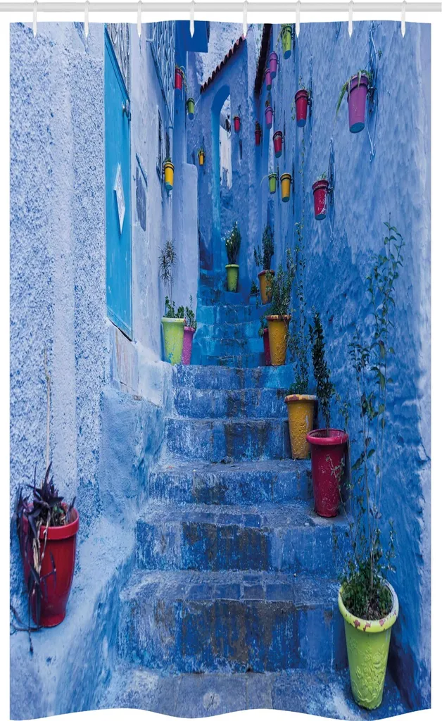 ABAKUHAUS Tenda da doccia blu stretta, fiori colorati su strada, set decorativo per bagno in tessuto con ganci, 120 x 180 cm, multicolore