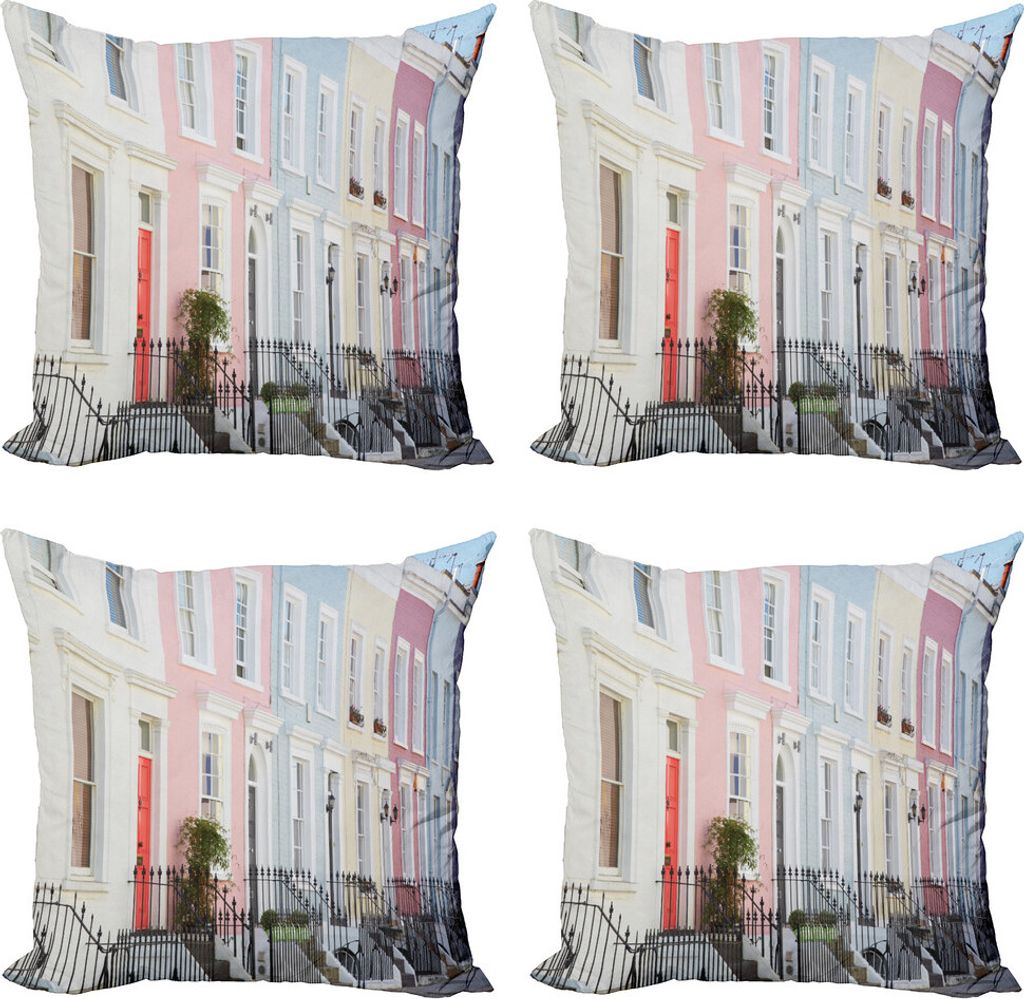 ABAKUHAUS Stadt Alte Häuser Kissenbezug Set (4 Stück), London Pastellfarbe, Moderner Doppelseitiger Digitaldruck, 60 cm x 60 cm, Mehrfarbig