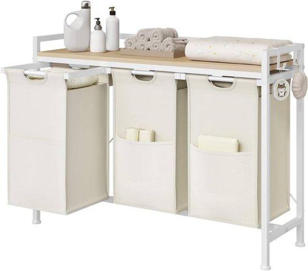 Met 3 waszakken - Umdrehbare Waschbecken - Metallenes Rahmen & Holzblatt - Für Waschkabine, Badezimmer oder Schlafzimmer - Weiss - Modern & Raumsp...