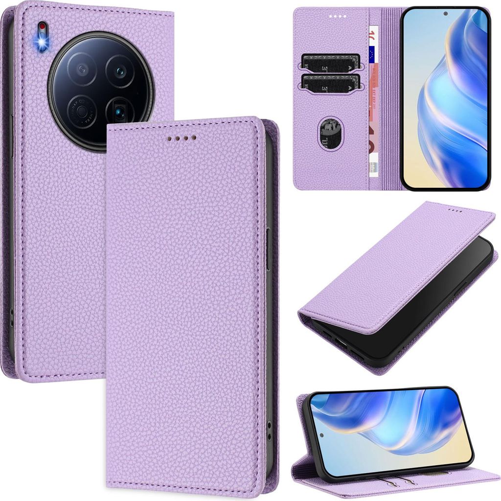 Litchi Leder Handyhülle für Tecno Camon 40 Premier Wallet Kartenfächer Standfunktion Hülle Violett