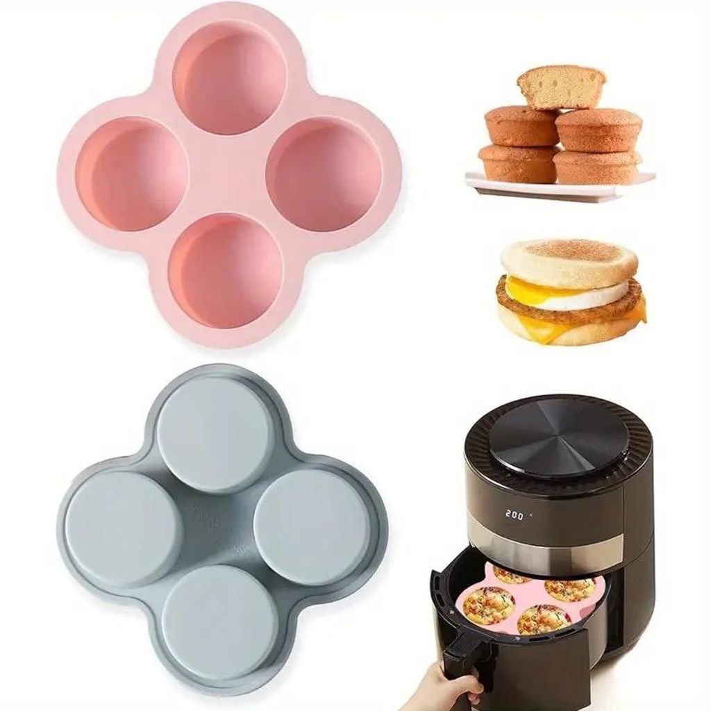 2er-Set Silikon-Backformen – 4-fach Förmchen für Heißluftfritteuse & Backofen, 1x Rosa + 1x Grau, Antihaft, hitzebeständig, platzsparend, sp...