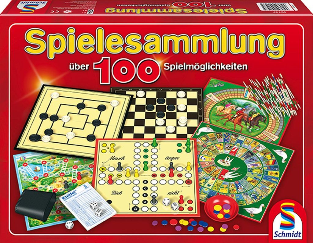 A collage of various board games and game pieces, presented on a red background.
