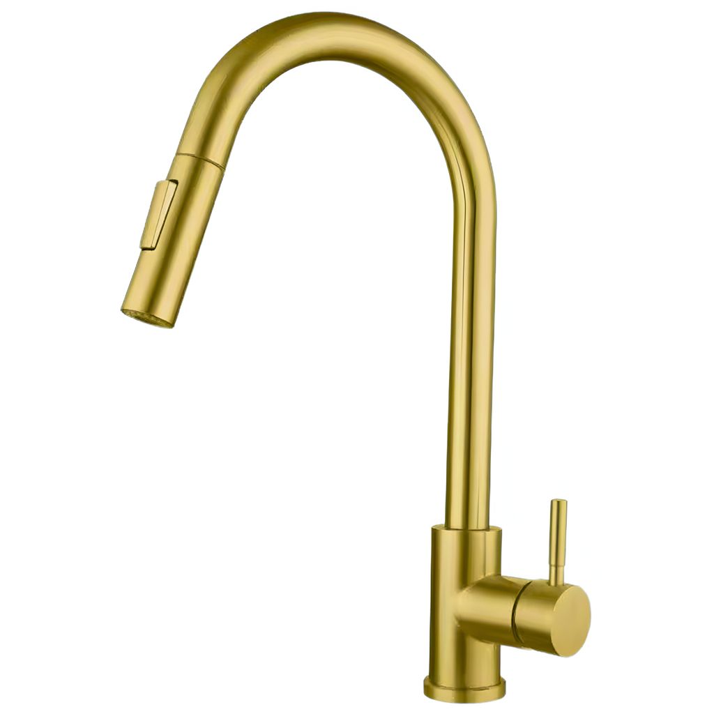 A gold kitchen faucet with a pull-out spray.