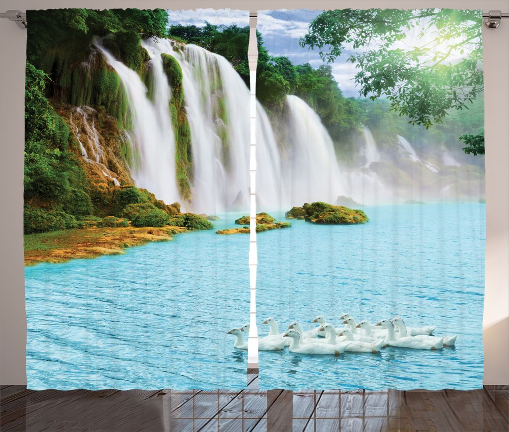 ABAKUHAUS Wasserfall Rustikaler Gardine, See und Schwäne Natur, Schlafzimmer Kräuselband Vorhang mit Schlaufen und Haken, 280 x 225 cm, Blaues Gr...