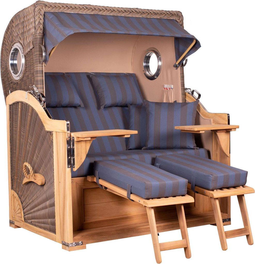 Strandkorb Baltikum Teak PE Grey 2,5 Sitzer Volllieger mit Bullaugen