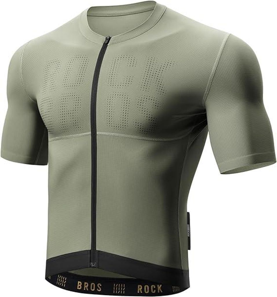 ROCKBROS Atmungsaktives schnelltrocknendes Rennrad Trikot mit Rückentaschen, Radtrikot Kurzarm Herren Olivgrün L