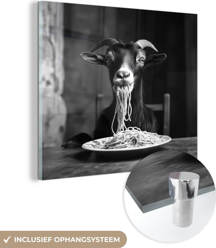 MuchoWow Glasbilder - Bilder auf Wandbild - Foto auf Glas Ziege - Teller - Spaghetti - Schwarz und weiß 40x40 cm Wanddekoration aus Glas - Acrylgl...