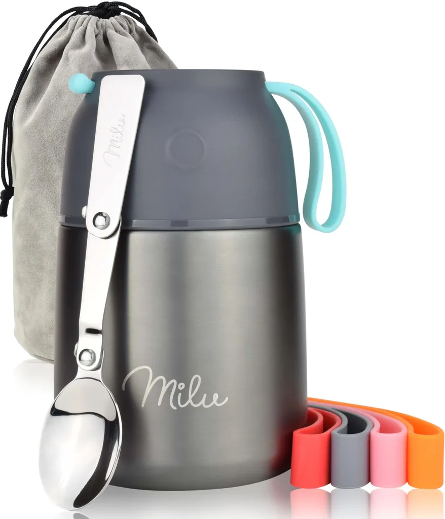 Milu 6277 Contenitore isolato per alimenti grigio 1 contenitore isolato con tasca cucchiaio pieghevole 5 cinghie di trasporto in gomma colorata