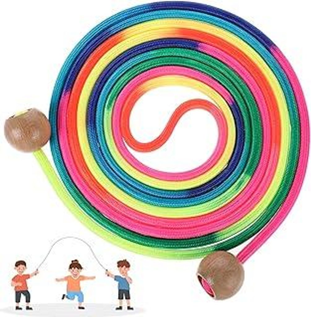 Springseil für Mehrspieler Regenbogenfarben Seilspringen Lang Mehrspringer Kinder mit Hölzerne Kugelgriff Verstellbares für Schule Outdoor Aktiv...