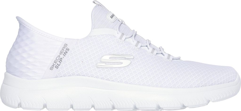 A white Skechers slip-on sneaker shown from the side against a white background.