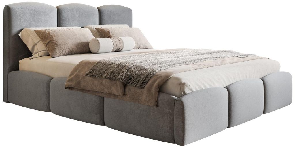 Polsterbett 200x200 Roma Slim - dickem Schaumstoff, Bettkasten, Metall Lattenrost - Samtstoff Hellgrau