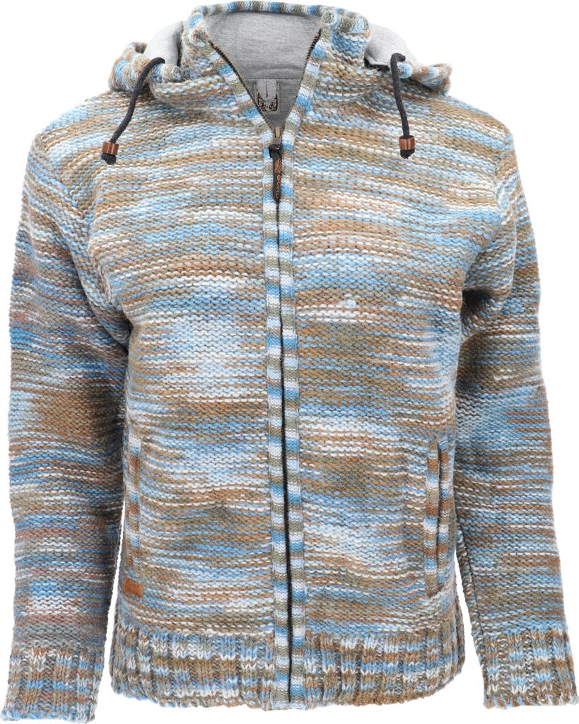Kuschelige Strickjacke mit Natürlichem Baumwollfutter, Wolljacke, Nepaljacke - Batik Blau/braun, Herren, Wolle, Größe: XXL