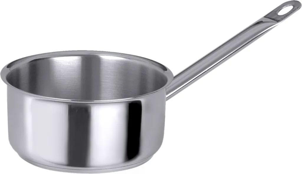 Casseruola a forma di sautoir piatto, in acciaio inossidabile 18/10, lucido, con manico tubolare e bordo versatore, fondo sandwich da 8 mm, adatto all'induzione, qualità extra pesante
