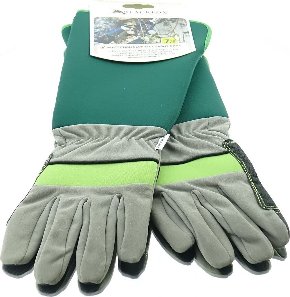 BLACKFOX Garten - Handschuhe mit Unterarm-Neoprenschutz Grün & Grau Größe 7/S