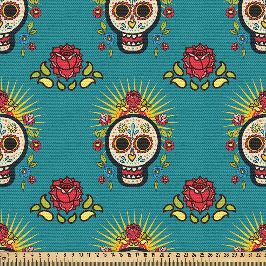 ABAKUHAUS Vintage Blumen Gewebe als Meterware, Zuckerschädel-Blumen-Ornamente Tag des Toten Karnevals und festlichen Entwurfs, 5 M (148 x 500 cm),...