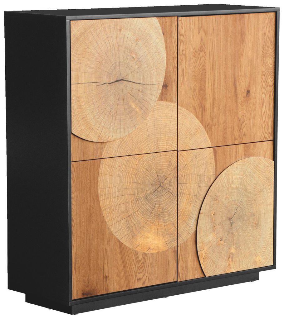 Kommode WOODY mit 4 Drehtüren, Push-to-open, schwarzer Korpus, Eiche-Baumscheiben-Nachbildung